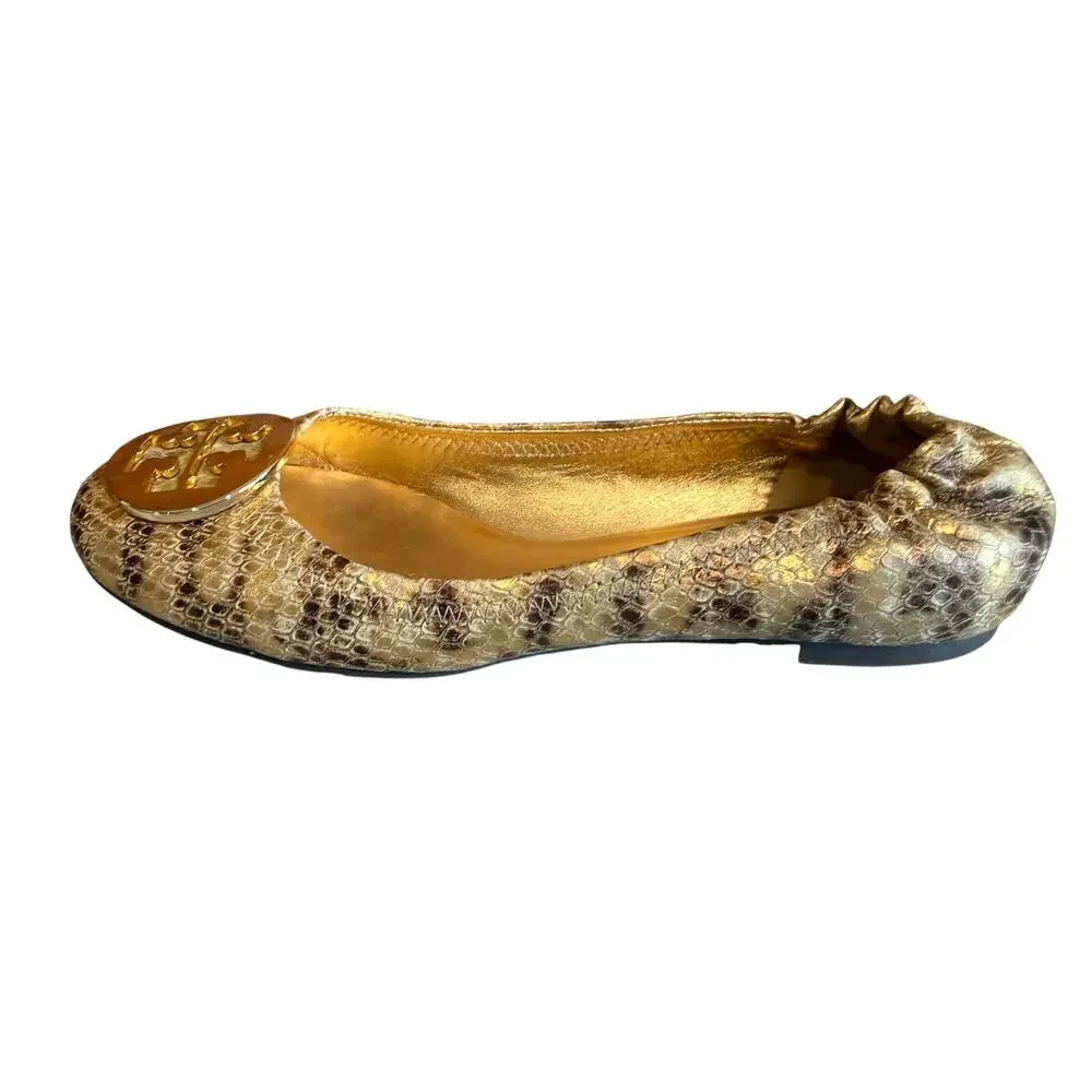 Tory Burch Reva Snake Python Print Ballet Flats Metallic Gold  7